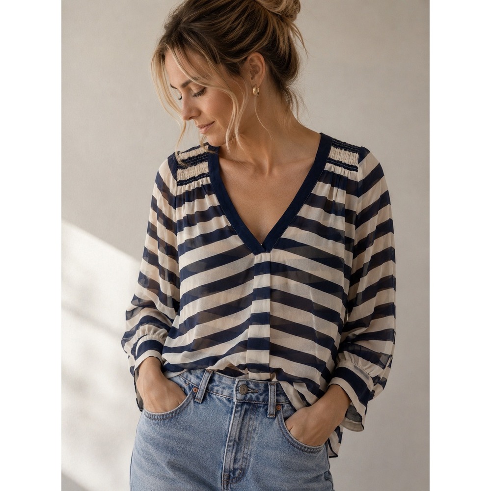 Joie Aceline Silk Blouse Womens XS Navy Blue Cream Striped V-Neck J307-23271